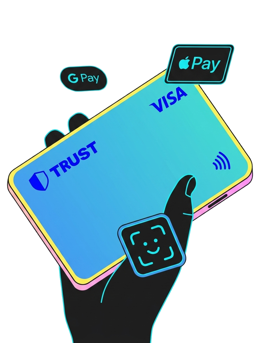 Hand holding Trust Card with Apple Pay and Google Pay